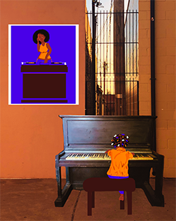 Photo and illustration collage of a young person sitting at an upright piano. On the wall behind the piano in an inspirational position is a picture of an adult DJ spinning records.